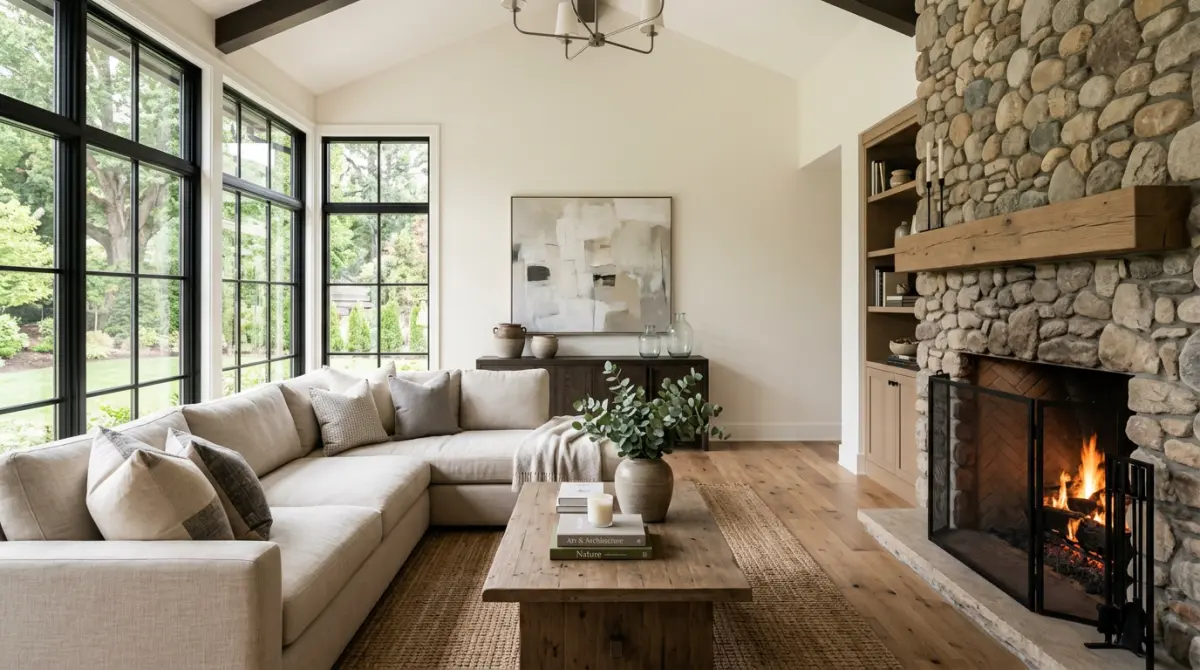 Bright modern living room with a stone fireplace, freshly cleaned and professionally styled